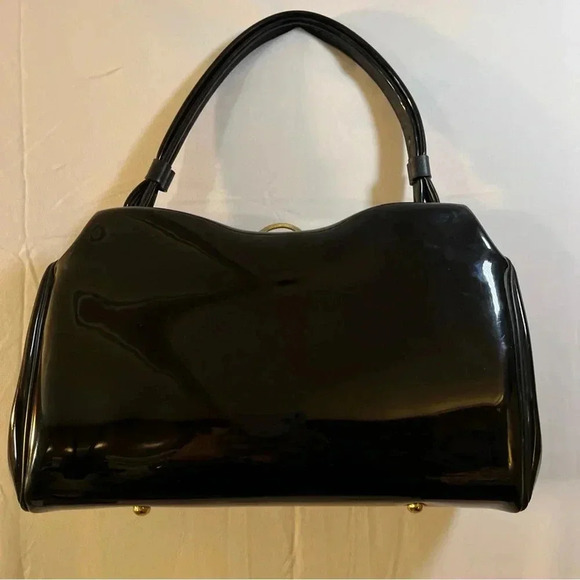 Vintage 1960s Kismet Creations Black Purse Shiny Medium MCM Gold Hardware Classy - Picture 2 of 15